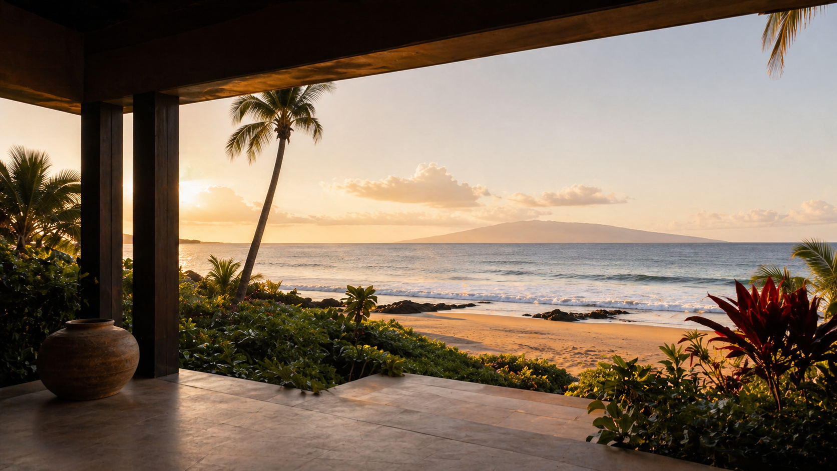 Quiet stone terrace of luxury Maui home overlooking the Pacific Ocean with distant Lanai island