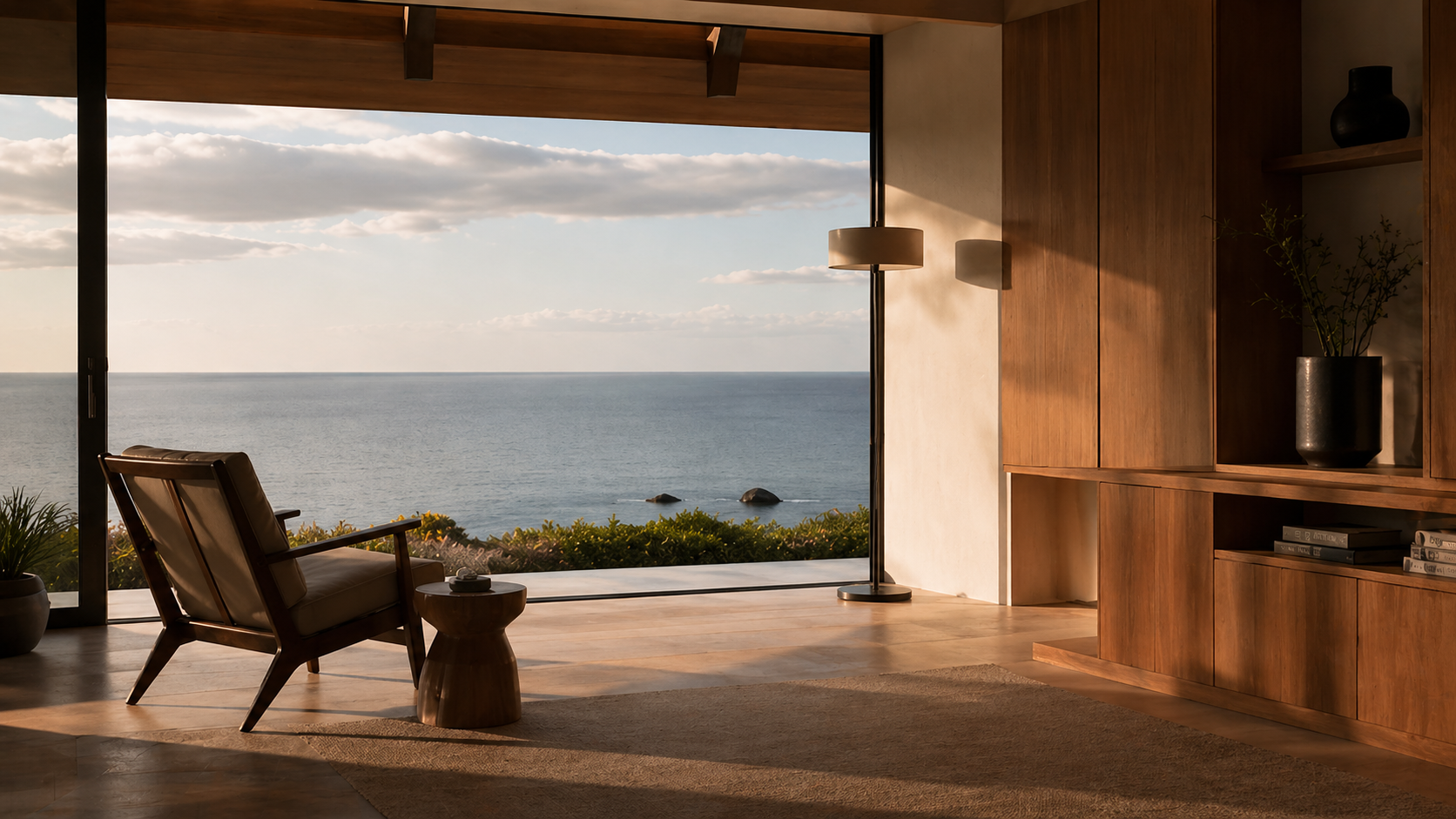 Quiet interior of Maui home with single leather chair and side table overlooking the ocean, awaiting owner's return