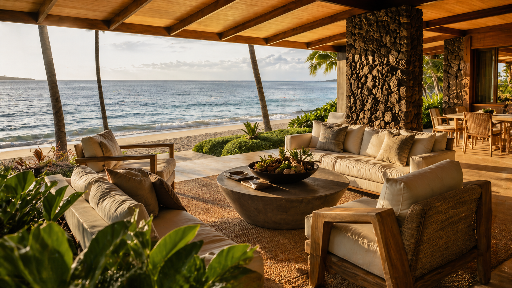 Beachfront covered lanai of Maui luxury home with comfortable seating, ready to welcome guests