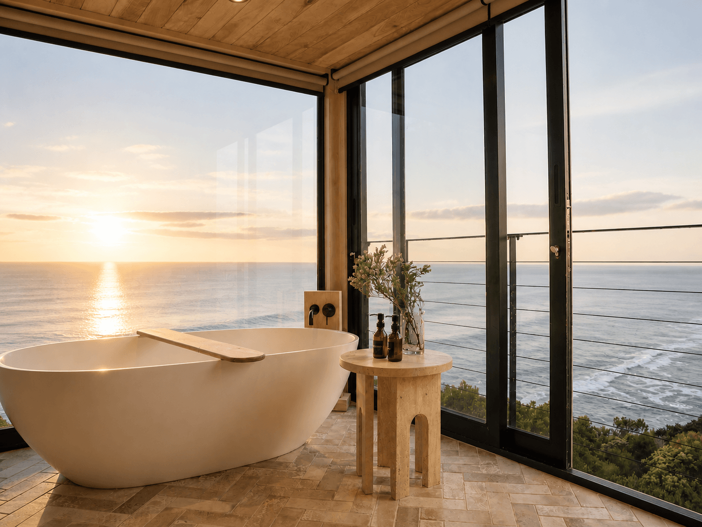 Maui home bathroom prepared with morning light and ocean view