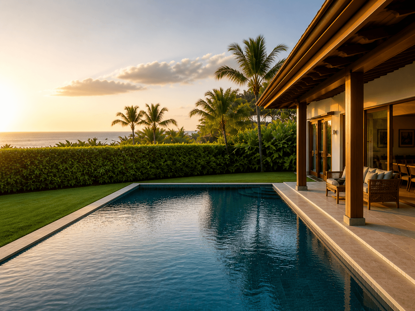 Maui home pool and lanai at sunset with ocean view, well-maintained property