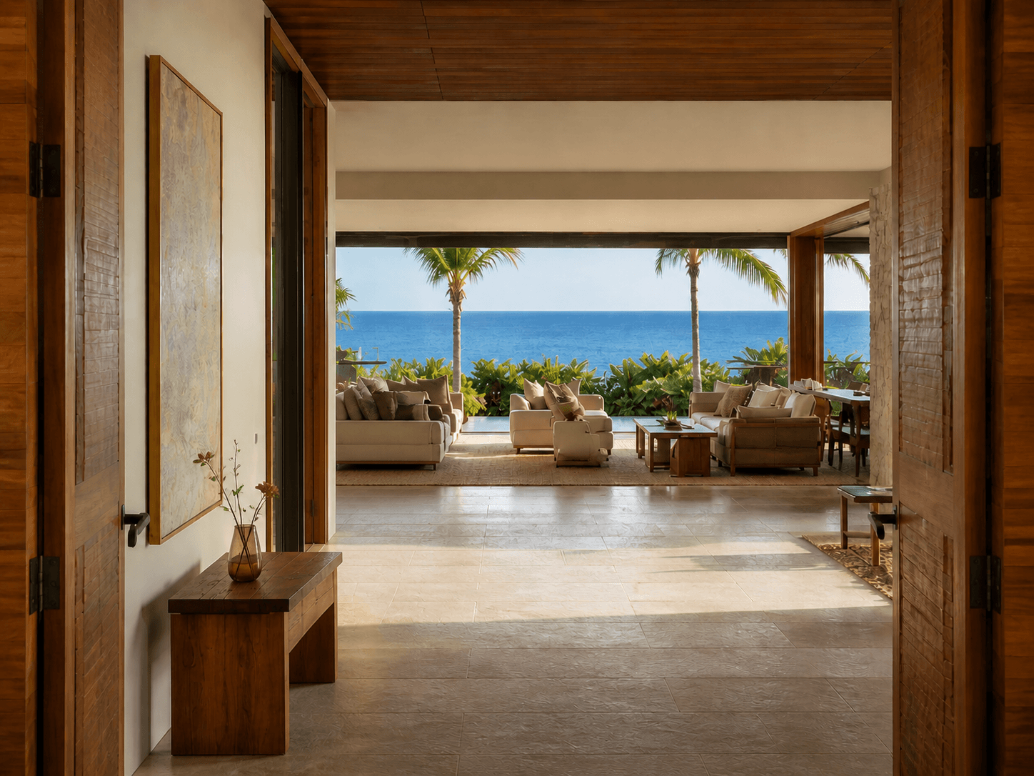 Maui home entryway and open living space with ocean view, prepared for owner arrival