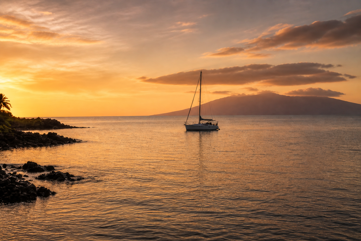 A sailboat at anchor in calm Maui waters at deep golden hour, the silhouette of the West Maui mountains filling the right side of the frame, lava-rock coastline and a palm silhouette at the lower left, the sky filled with warm orange-gold light and low warm clouds.