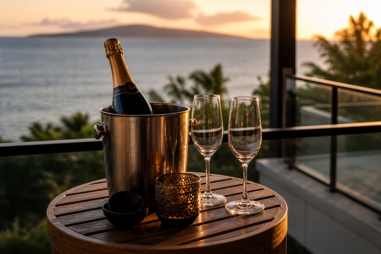 A bottle of champagne in a stainless ice bucket beside two empty flutes on a small round wood table on a lanai of a luxury Maui home, a small candle votive beside, the orange and grey sky of sunset and a distant island silhouette visible across the ocean.