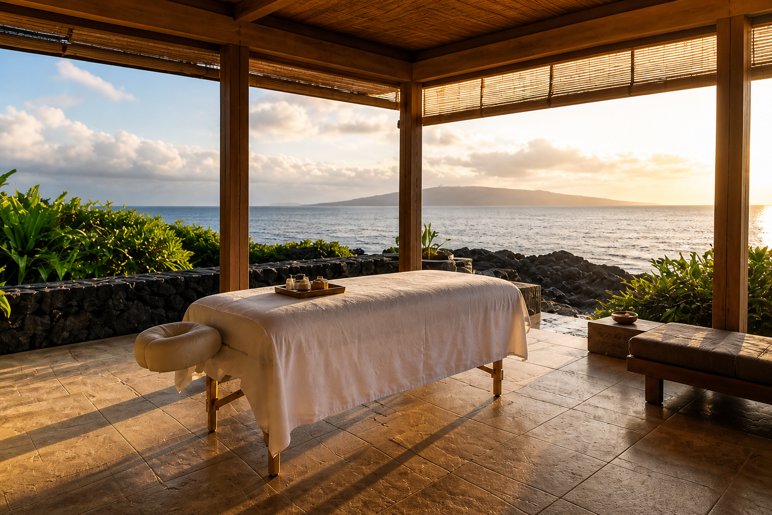 A massage table prepared with white linen on a covered lanai of a luxury Maui home in late afternoon golden light, a small stone tray on the table, bamboo blinds raised, a lava rock wall and ocean horizon visible beyond.