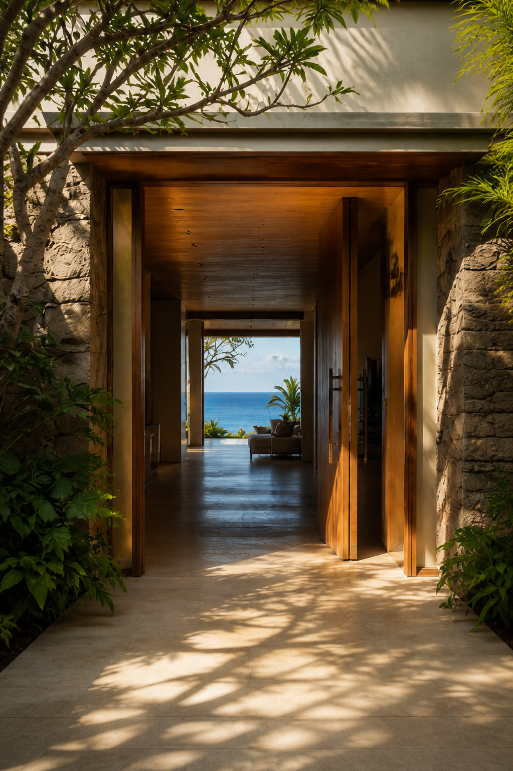 Vertical view through the entryway of a luxury Maui home in mid-morning light, palm-shadow dappled stone floor in the foreground, lava-stone wall left, wood-framed pivot doors leading through to a living space and the ocean visible at the far end.