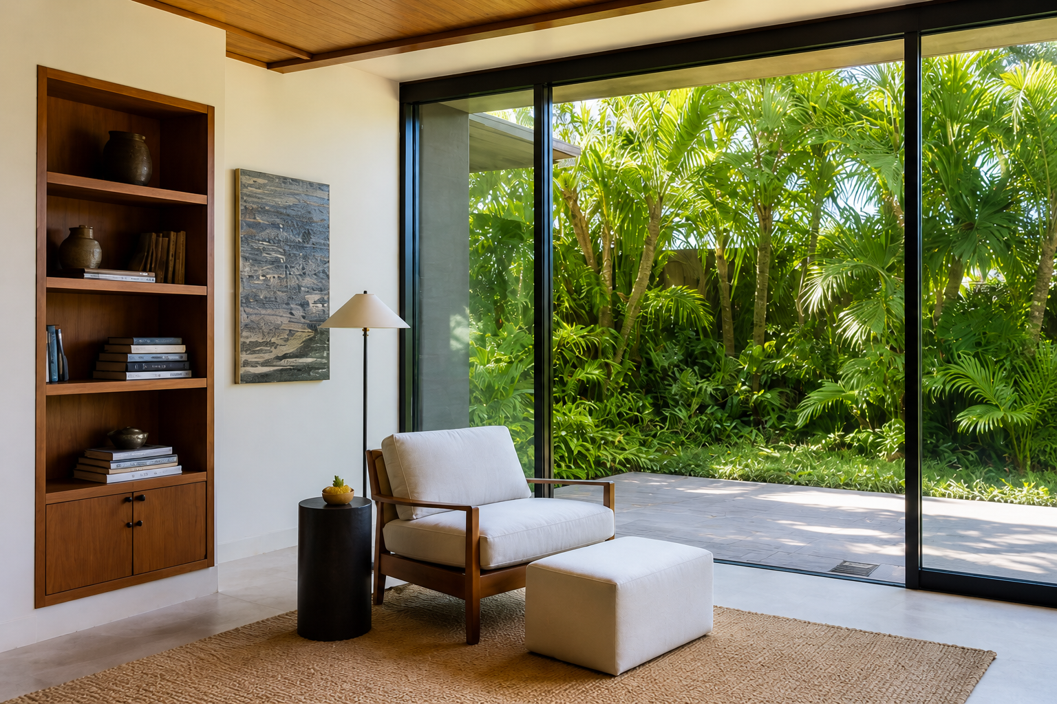 Reading corner in a luxury Maui home in mid-morning, a single linen chair with ottoman beside a built-in wood bookcase filled with books and small objects, a low side table with a small piece of fruit, full-height glass opening to a tropical garden, abundant clean daylight, the home reading as recently attended and currently still, no people.