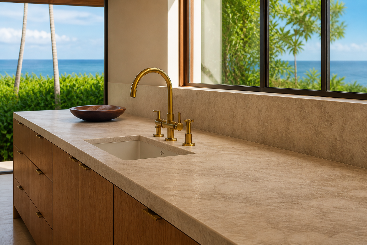 Kitchen counter detail in a luxury Maui home in midday daylight, a stone countertop with brass bridge faucet, a dark turned-wood bowl beside the basin, wood cabinetry below, an open window above the counter with hedge and a clear ocean horizon visible beyond, the surface clean and recently attended to, no people.