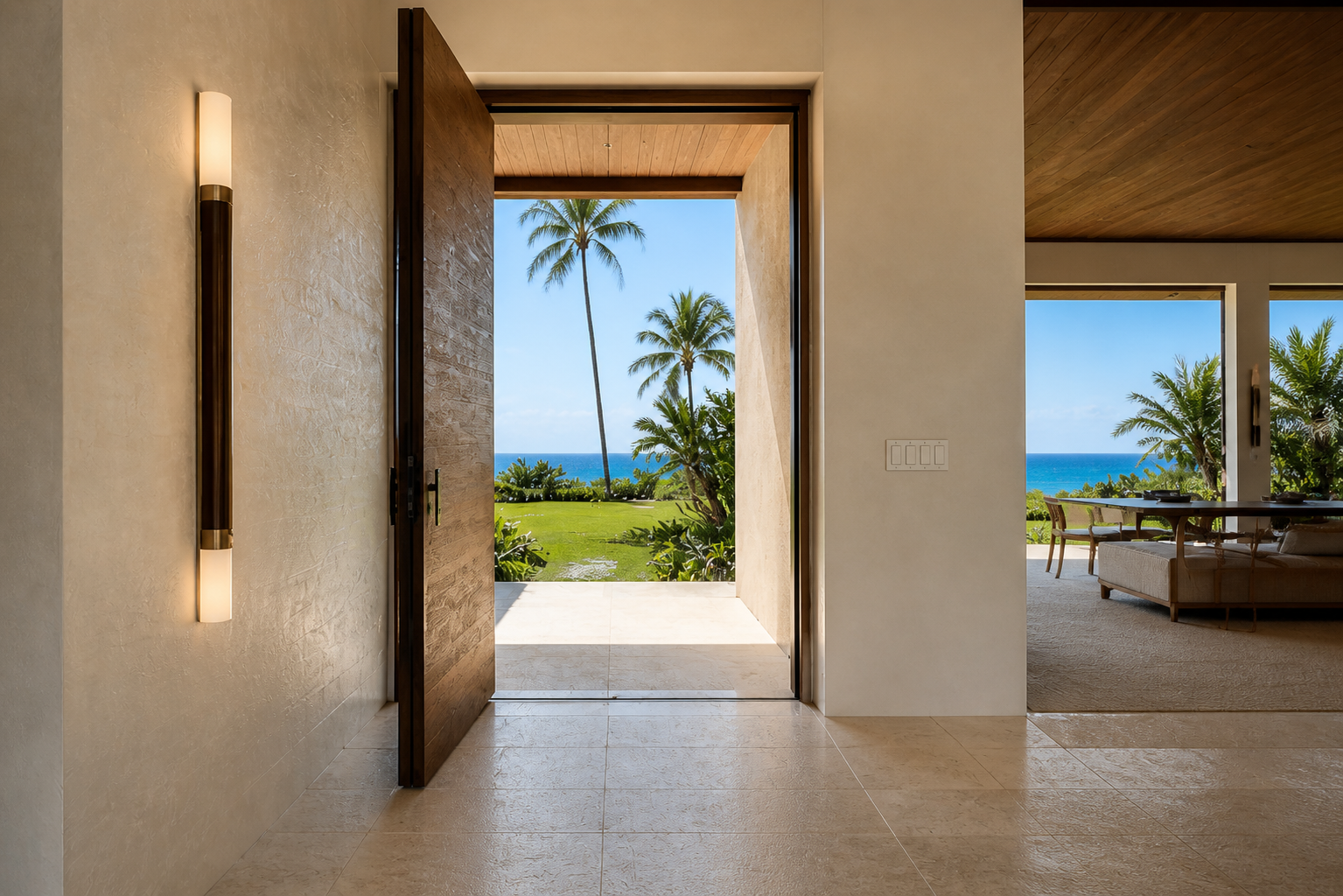 Entry foyer of a luxury Maui home in midday, a tall wood pivot door open at center revealing a stone walkway, lawn, mature palms, and a clear ocean horizon, plaster walls with a lit brass and glass sconce on the left, large-format stone tile floor, the great room visible through an opening on the right with seating and another view of the ocean, no people.