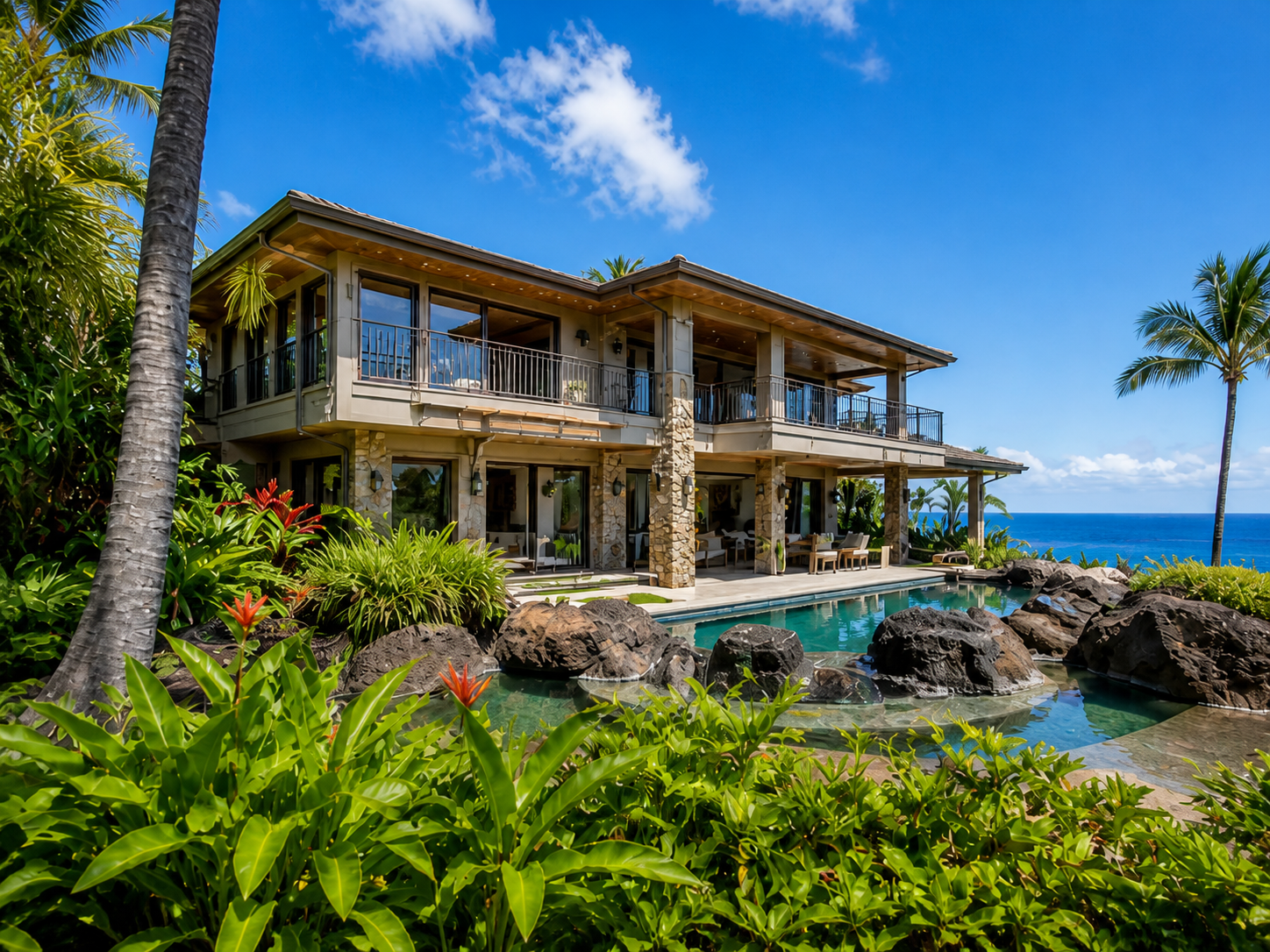 Two-story Maui luxury vacation rental home set above a lava-rock-edged pool, mature tropical landscaping in the foreground, ocean visible at right, bright midday light.