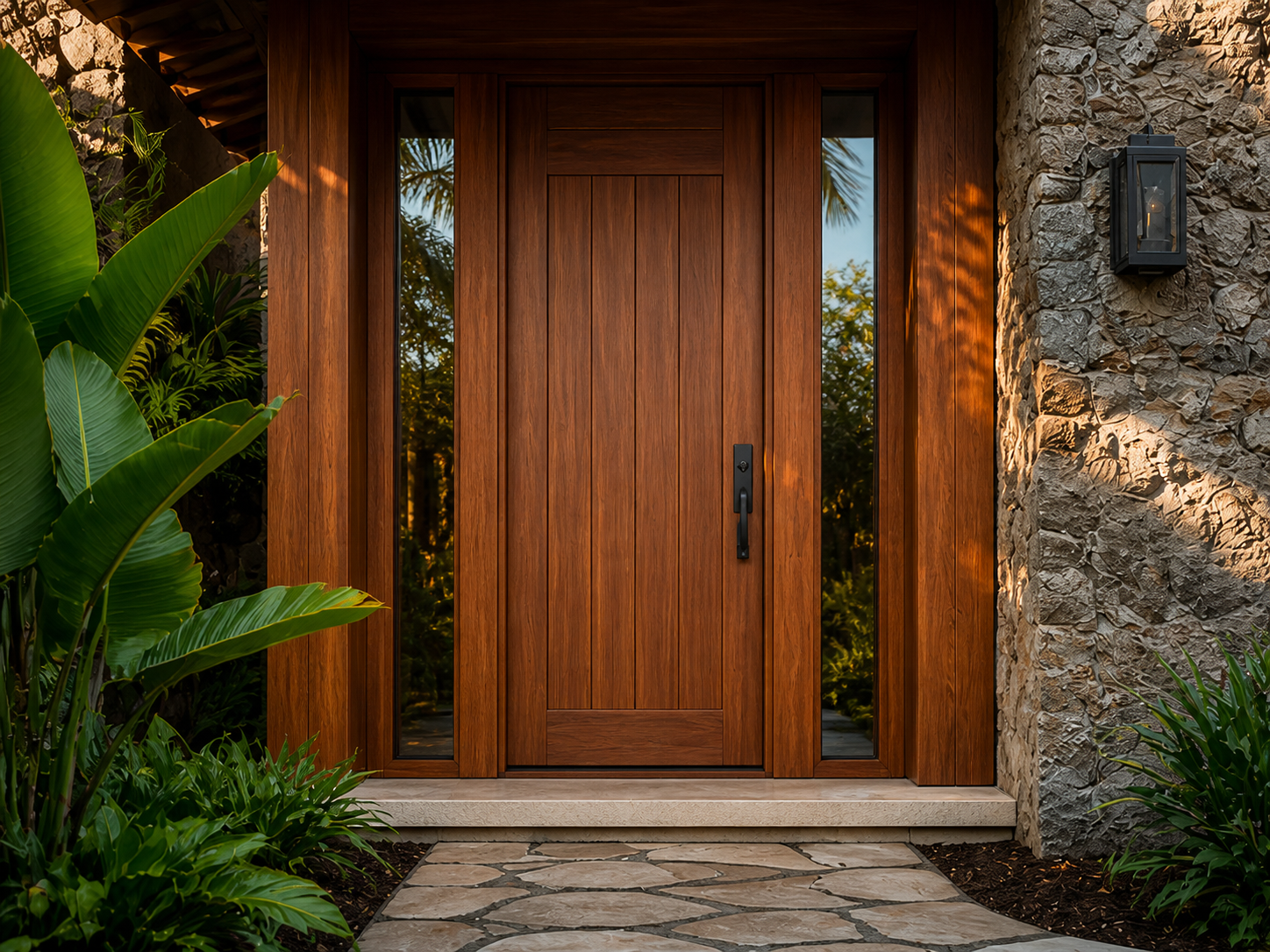 Front entry of a Maui luxury vacation rental, wooden door flanked by glass panels and a lava-stone wall, natural stone walkway leading to the threshold, late afternoon light raking across the surfaces.