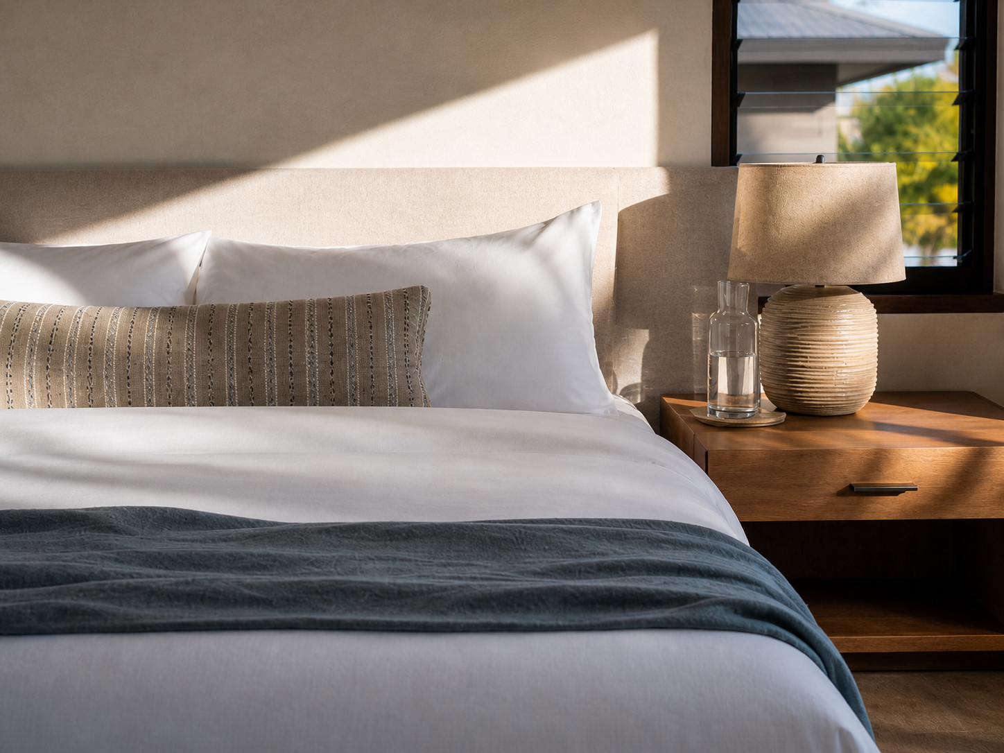 Prepared bedroom in a Maui luxury vacation rental, white linens crisp, navy throw folded at the foot, wooden nightstand with water carafe and ceramic lamp, late morning light raking across the bed.