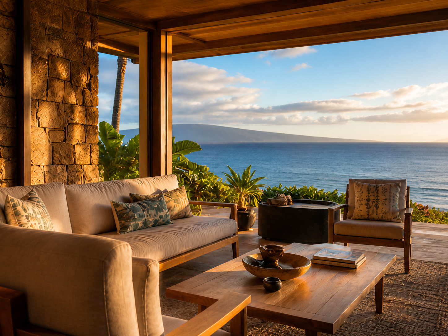 Covered lanai of a Maui luxury vacation rental at golden hour, sectional and armchair around a low coffee table, lava-stone column anchoring the left side, view to West Maui mountains and ocean.